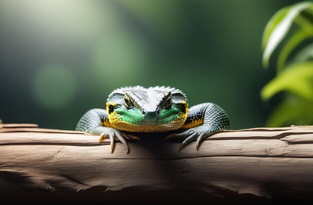 Photo reptile reposant sur une bannière en bois avec de l'espace pour le texte