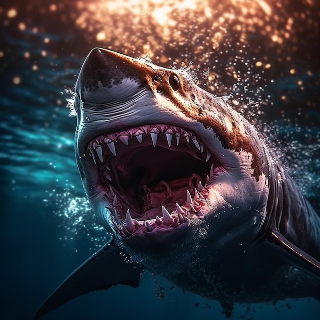 Requin arafé avec bouche ouverte et bouche ouverte montrant des dents ai génératives