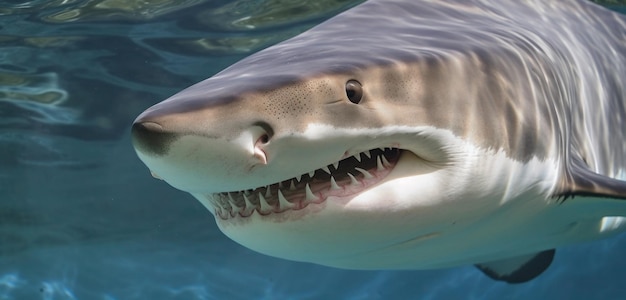 Un requin au nez rose nage dans l'eau.