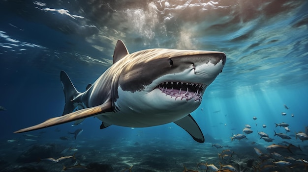 Le requin blanc a une bouche dangereuse avec de nombreuses dents. Le requin d'eau claire nage.