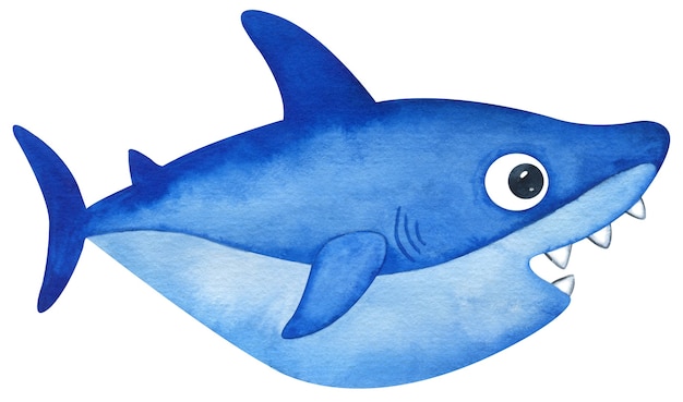requin bleu mignon aquarelle. petit requin bleu dessiné à la main avec une bouche ouverte.