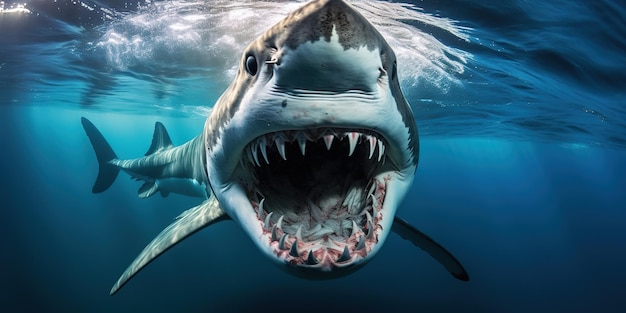 Un requin à la bouche ouverte avec beaucoup de dents Sous les vagues bleues de la mer, l'eau transparente, le requin nage vers l'avant.