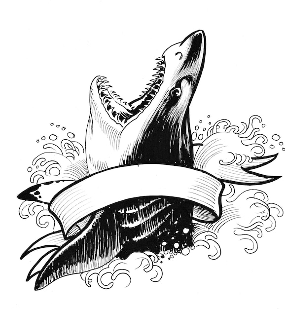 Requin en colère et bannière. Dessin noir et blanc à l'encre