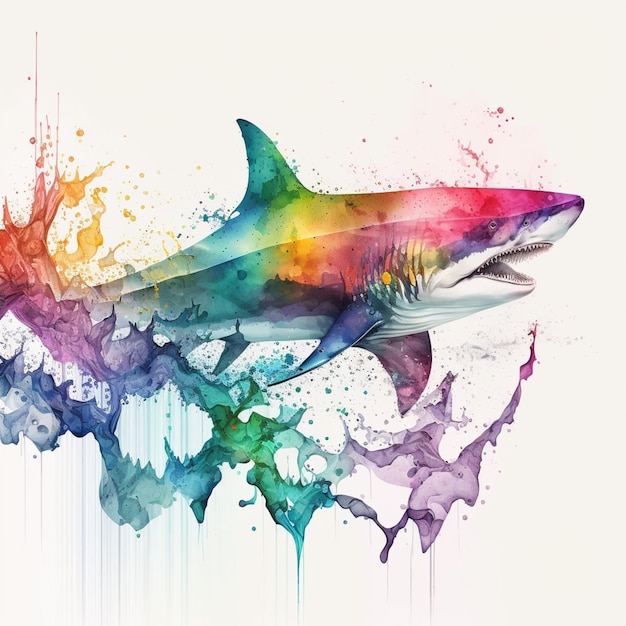 Un requin coloré est représenté dans une aquarelle.