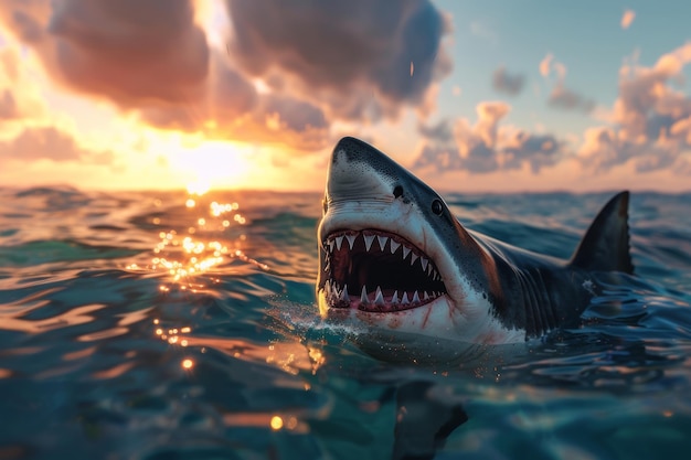 Le requin denté émerge de la mer.