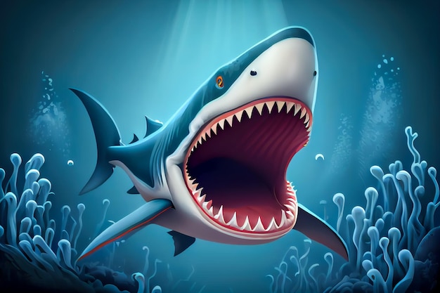 Requin de dessin animé 3d avec la bouche ouverte AI générative