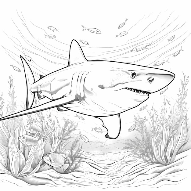 Photo le requin de dessin animé se amuse à colorer en évitant les obstacles avec peu de détails