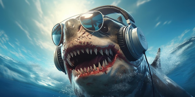 Photo un requin dj avec des lunettes de soleil et des écouteurs sur fond d'océan bleu