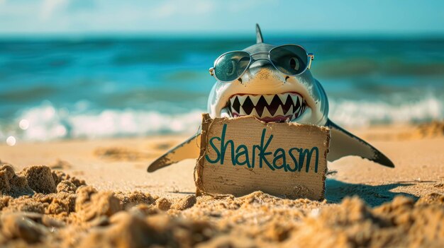 Un requin drôle avec des lunettes de soleil tenant une pancarte avec le mot Sharkasm Sarcasm Arrière-plan