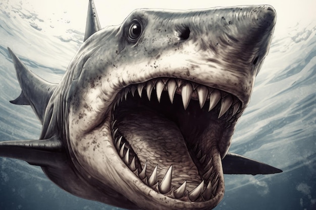 Un requin avec une grande bouche est dans l'eau.
