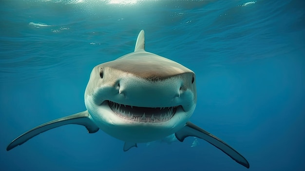 Un requin nage dans l'océan avec la gueule ouverte.