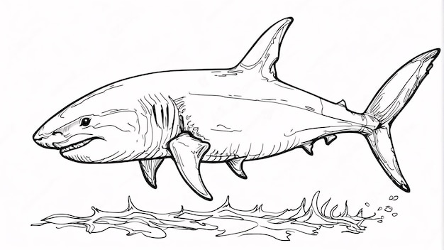 Requin nageant dans la mer avec poisson illustration de livre de coloriage kawaii dessiné à la main