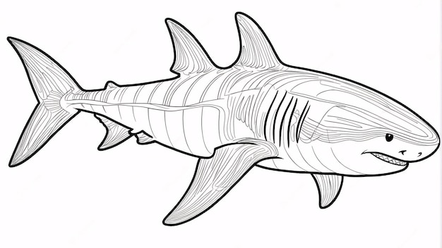 Requin nageant dans la mer avec poisson illustration de livre de coloriage kawaii dessiné à la main