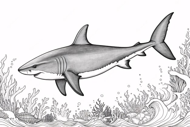 Requin nageant dans la mer avec poisson illustration de livre de coloriage kawaii dessiné à la main