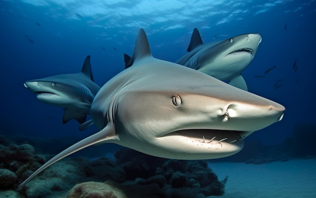 Un requin nageant dans l'océan avec le mot requin au fond.