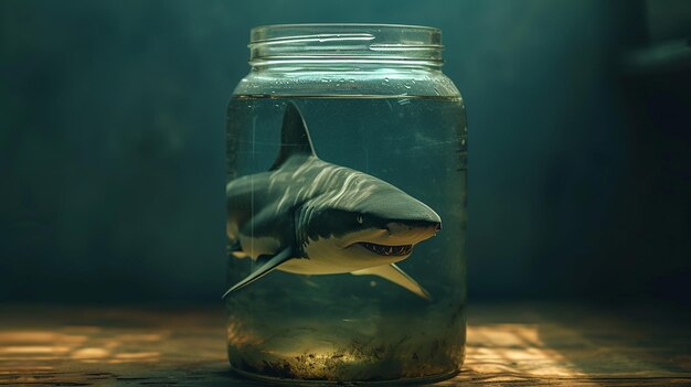 Photo un requin nageant dans un pot de verre sur un fond bleu.