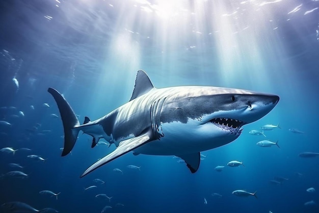 un requin nageant sous l'eau avec les rayons du soleil brillant à travers l'eau