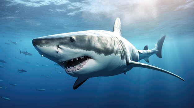 Photo le requin de l'océan vue du fond de dessous bouche dangereuse à dents ouvertes avec beaucoup de dents mer bleue sous-marine