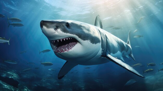Photo le requin de l'océan vue du fond de dessous bouche dangereuse à dents ouvertes avec beaucoup de dents mer bleue sous-marine