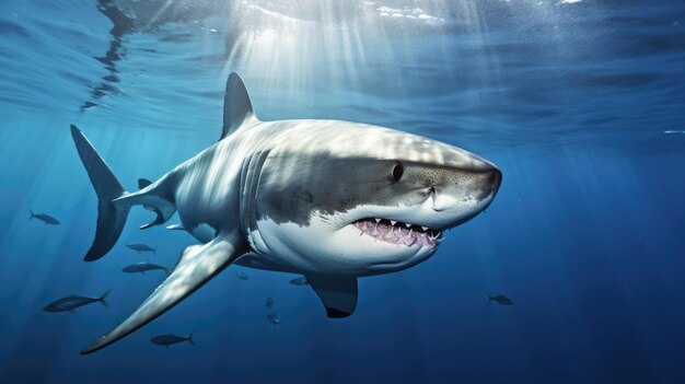Photo le requin de l'océan vue du fond de dessous bouche dangereuse à dents ouvertes avec beaucoup de dents mer bleue sous-marine