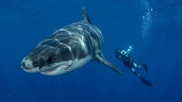 un requin avec un plongeur à l'arrière-plan et un plongeur à l'avant-plan