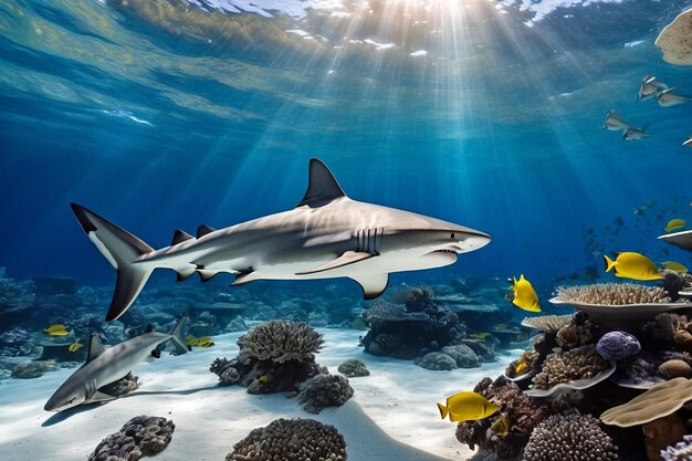 Le requin de récif blanc Carcharhinus melanopterus mammifère nageant dans les eaux sous-marines tropicales