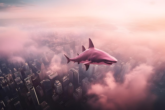 Un requin rose vole au-dessus des nuages au-dessus d'une ville.