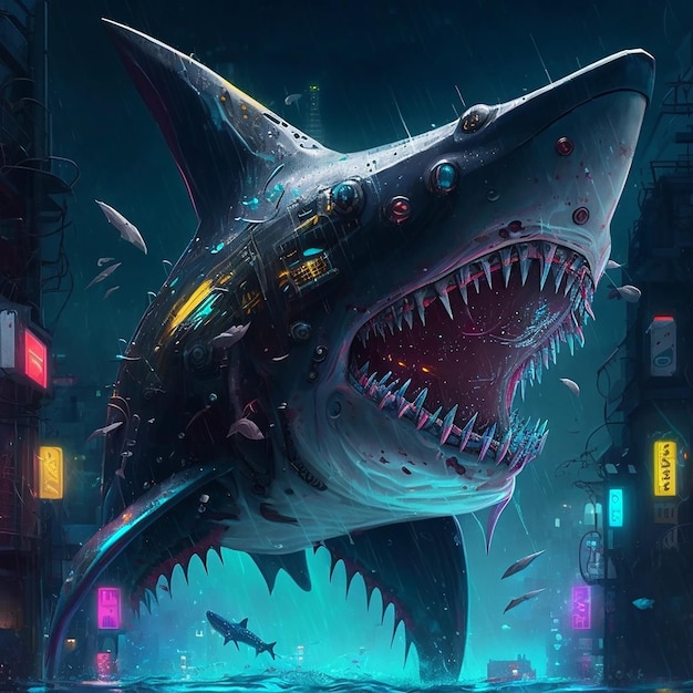 Photo requin de style cyberpunk dans la ville