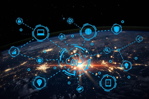 Photo réseau big datatechnologie de communication pour les affaires internet réseau mondial mondial et télécommunications sur terre et iot éléments de cette image fournis par la nasa