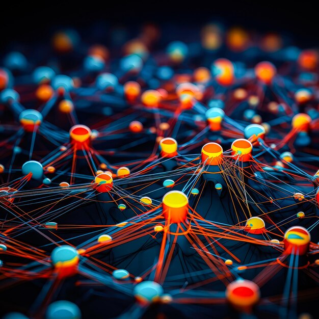 un réseau de boules orange et bleues sur une surface noire