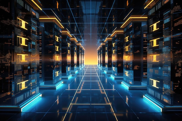 Un réseau brillant de connexions dans le stockage de données du centre de données représente un centre de données de pointe avec des rangées de supports de serveurs