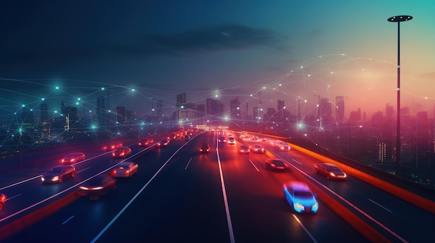 Réseau de communication et feu de circulation sur l'autoroute Illustration futuriste des technologies futures AI générative