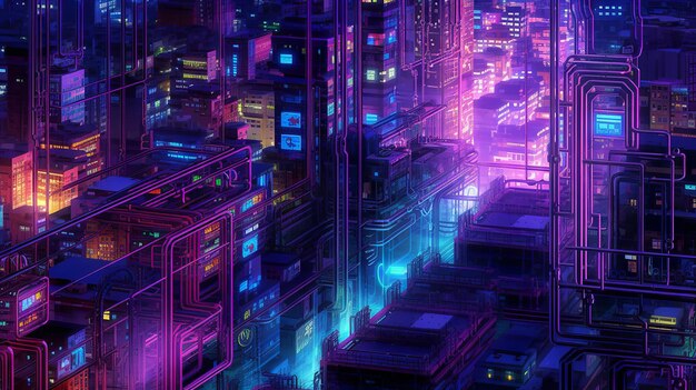 Un réseau complexe de composants électroniques imitant une disposition urbaine éclairée avec des accents néons pour un effet cyberpunk.