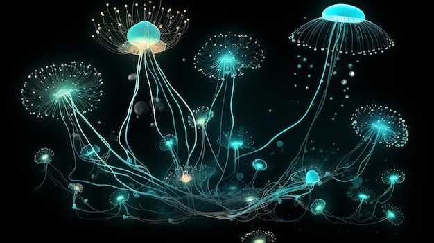Réseau de connexions bioluminescentes dans un environnement océanique profond imitant les modèles naturels de la vie marine