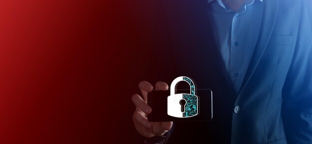 Réseau de cybersécurité Icône de cadenas et mise en réseau de la technologie Internet Homme d'affaires protégeant les données personnelles interface virtuelle Concept de confidentialité de la protection des données GDPR UEcriminalité numérique
