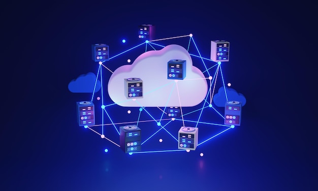 Réseau informatique en nuage pour le téléchargement et le téléchargement de fichiers, concept d'illustration 3D