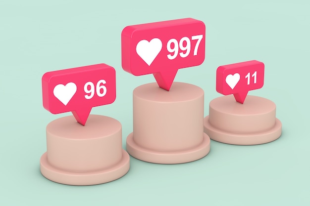 Réseau de médias sociaux Love and Like Heart Icons sur le dessus du piédestal, de la scène, du podium ou de la colonne sur fond vert. Rendu 3D