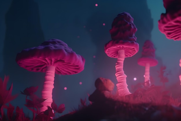 Réseau neuronal de champignons néon magiques et féeriques généré par ai