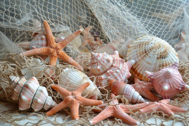 Photo réseau de pêche orné de pêches, de coquillages roses et d'étoiles de mer