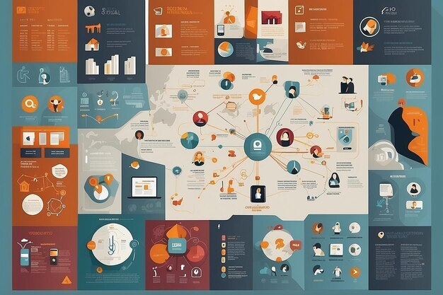 Réseau social Diverses formes étincelantes Pictogrammes définis avec la carte du monde dans les réseaux informatiques mondiaux