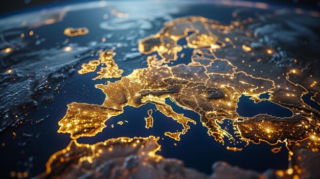 Photo réseau de télécommunications européennes reliant l'europe france allemagne royaume-uni italie iot ou technologie blockchain pour la finance éléments de la nasa internet des objets