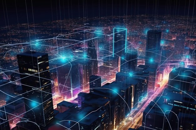 Réseau Web illuminé nuit numérique ville paysage urbain web3 technologie blockchain connexion Internet ai générative