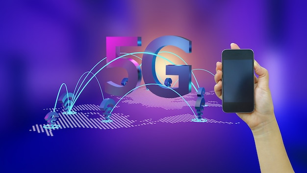 Réseau Wifi 5G sur fond abstrait avec Hand Holding Smartphone