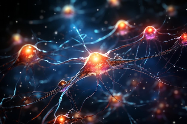 Les réseaux neuronaux du cerveau humain Illustration 3D de centres nerveux et de cellules abstraites Impulses électriques dans le cerveau Coloré clair sur fond bleu foncé