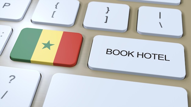 Réserver un hôtel au Sénégal avec un site Web en ligne Bouton sur le clavier de l'ordinateur Concept de voyage 3D