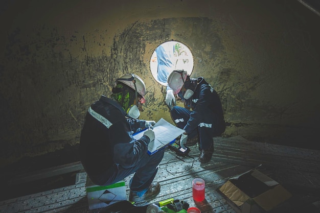 Photo réservoir de balayage d'inspection de deux travailleurs masculins de la plaque inférieure d'épaisseur de rouille