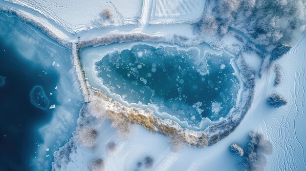 Réservoir gelé en hiver enneigé depuis le dessus