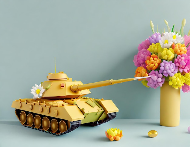 Le réservoir de jouets tire un bouquet de fleurs Le fond du concept de paix Rendering 3D