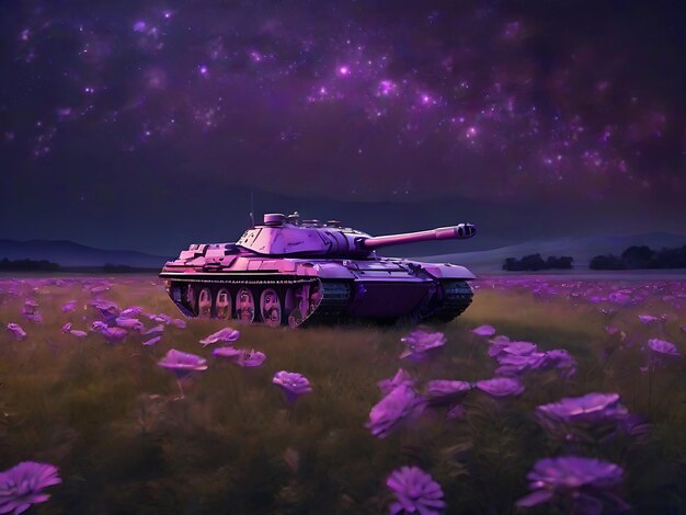 Photo un réservoir placé sur un champ herbeux et décoré de fleurs violettes contre le ciel nocturne