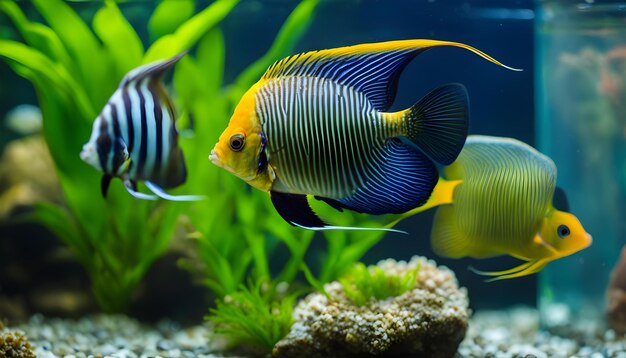 un réservoir de poissons avec un poisson jaune et bleu dedans